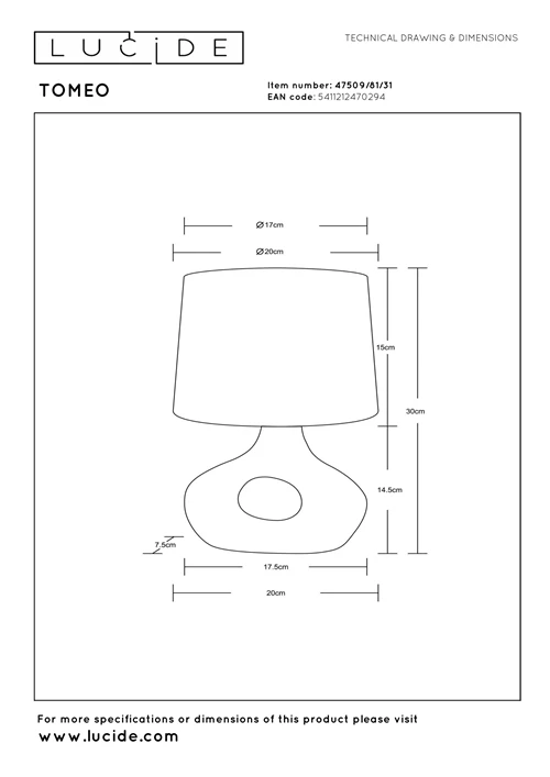 Lucide TOMEO - Table lamp - 1xE14 - White - Essential - technical
